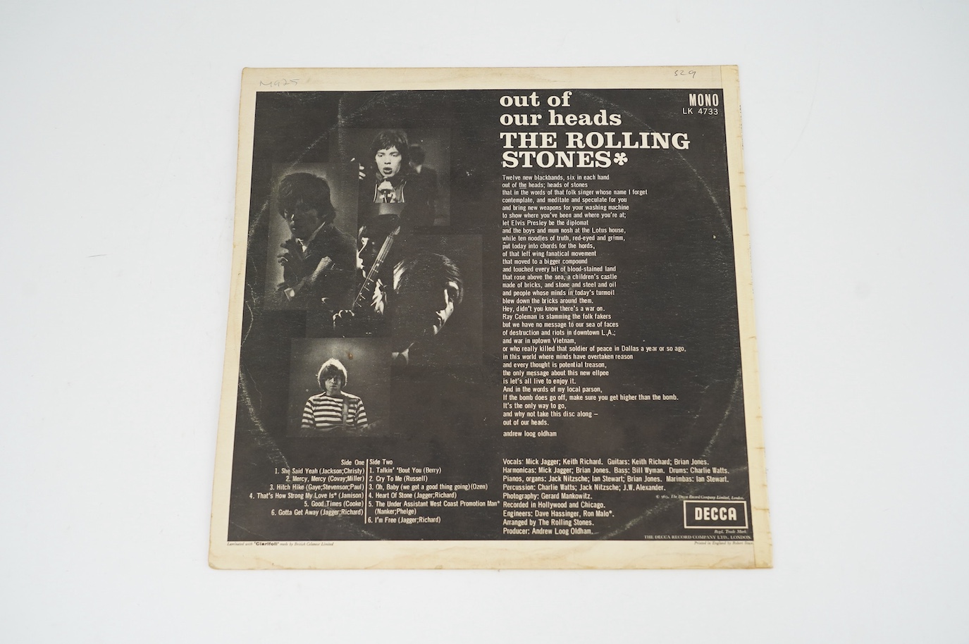 The Rolling Stones; Out of Our Heads, mono on Decca LK4733, ARL-6973-8B. Condition - fair, some surface scratches and wear to sleeve